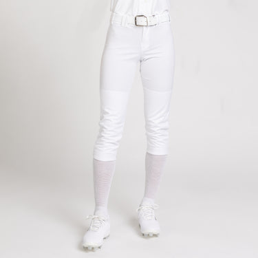 Front angle Model shot of female in Intensity Girls Softball Knit Pant in color WHITE
