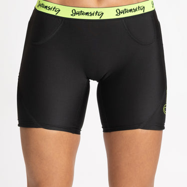 Front angle Model shot of female in Intensity Girls Padded Slider in color BLACK/OPTIC YELLOW