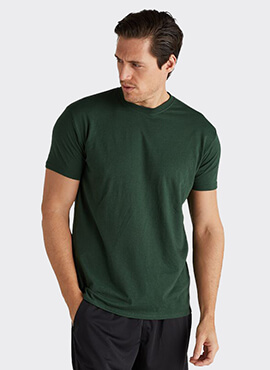 man looking over shoulder wearing dark green t shirt from soffe supreme