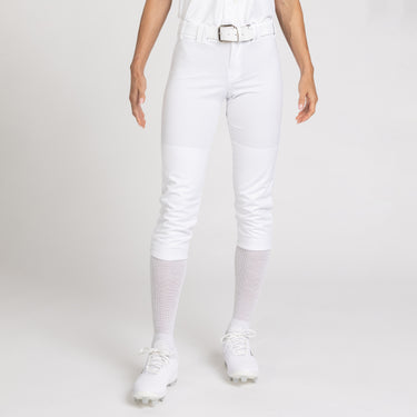 Front angle Model shot of female in Intensity Softball Knit Pant in color WHITE