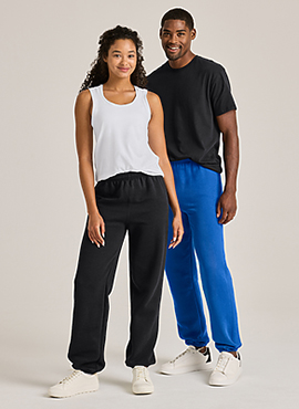 man and woman wearing soffe fleece sweatpants