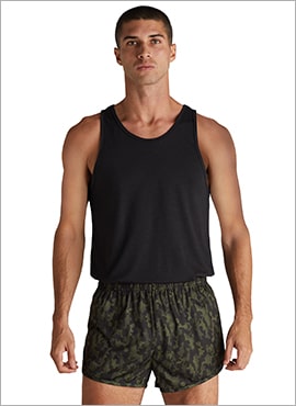 man wearing black tank top and camo running shorts